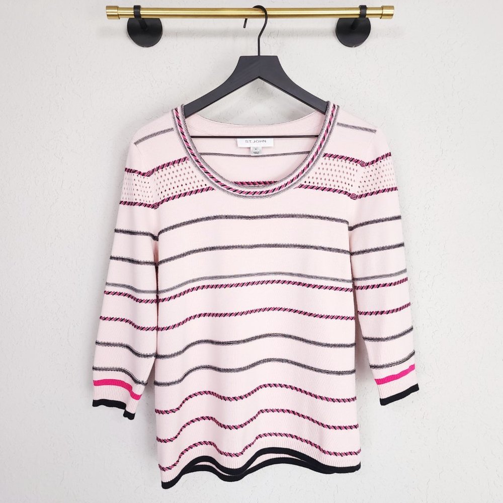 St. John M Pink Multi Open Santana Knit Striped 3/4 Sleeves Blouse Top